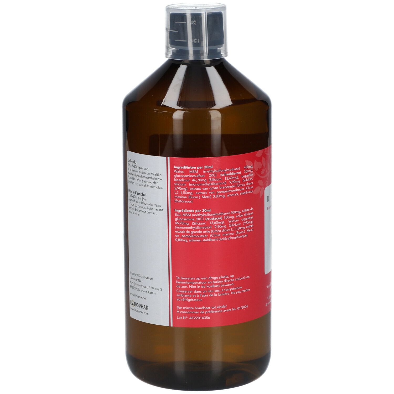 Bruine fles met rood etiket. Ingrediëntenlijst in het Duits en Nederlands. Fabrikantinformatie.