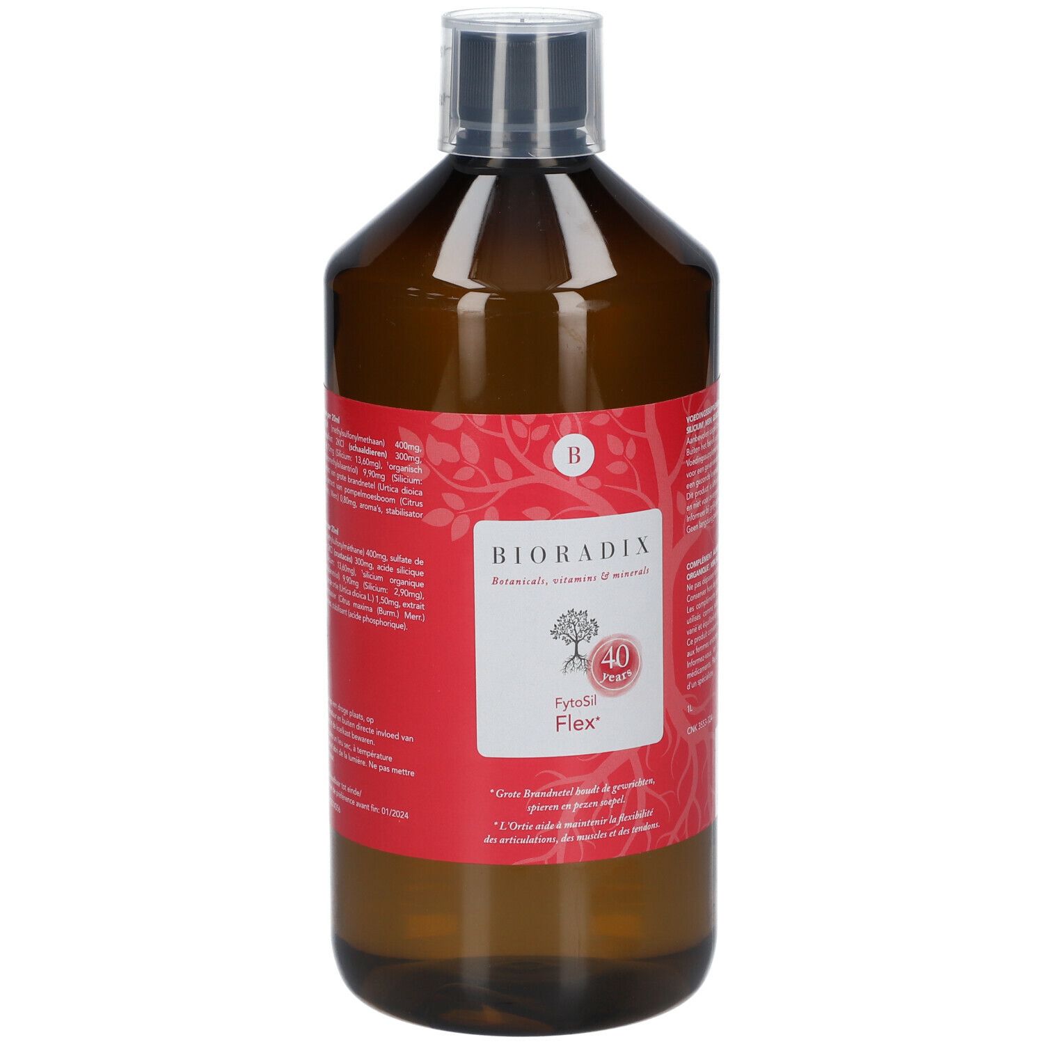 Bruine fles met rood etiket. Opschrift: Bioradix, Fytosil Flex. Met 40 jaar logo.