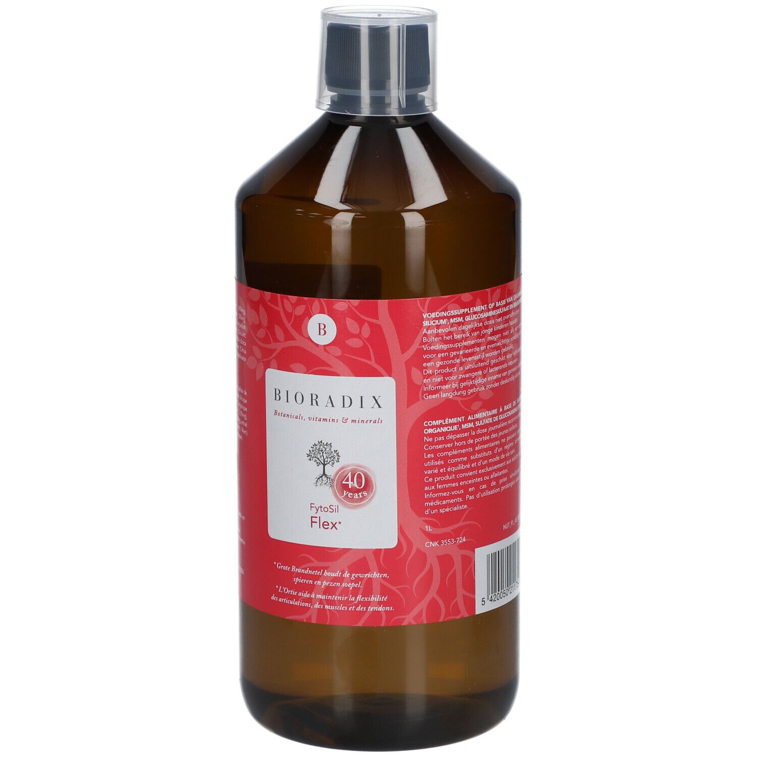 Bruine fles met rood etiket. Opschrift: Bioradix, Fytosil Flex. Met 40 jaar logo. Franse tekst.
