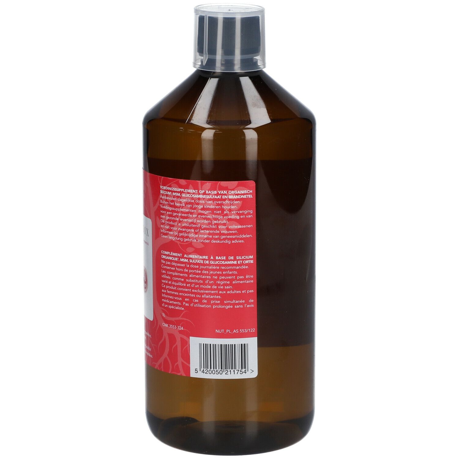 Bruine fles met rood etiket. Productinformatie in het Frans. Barcode.