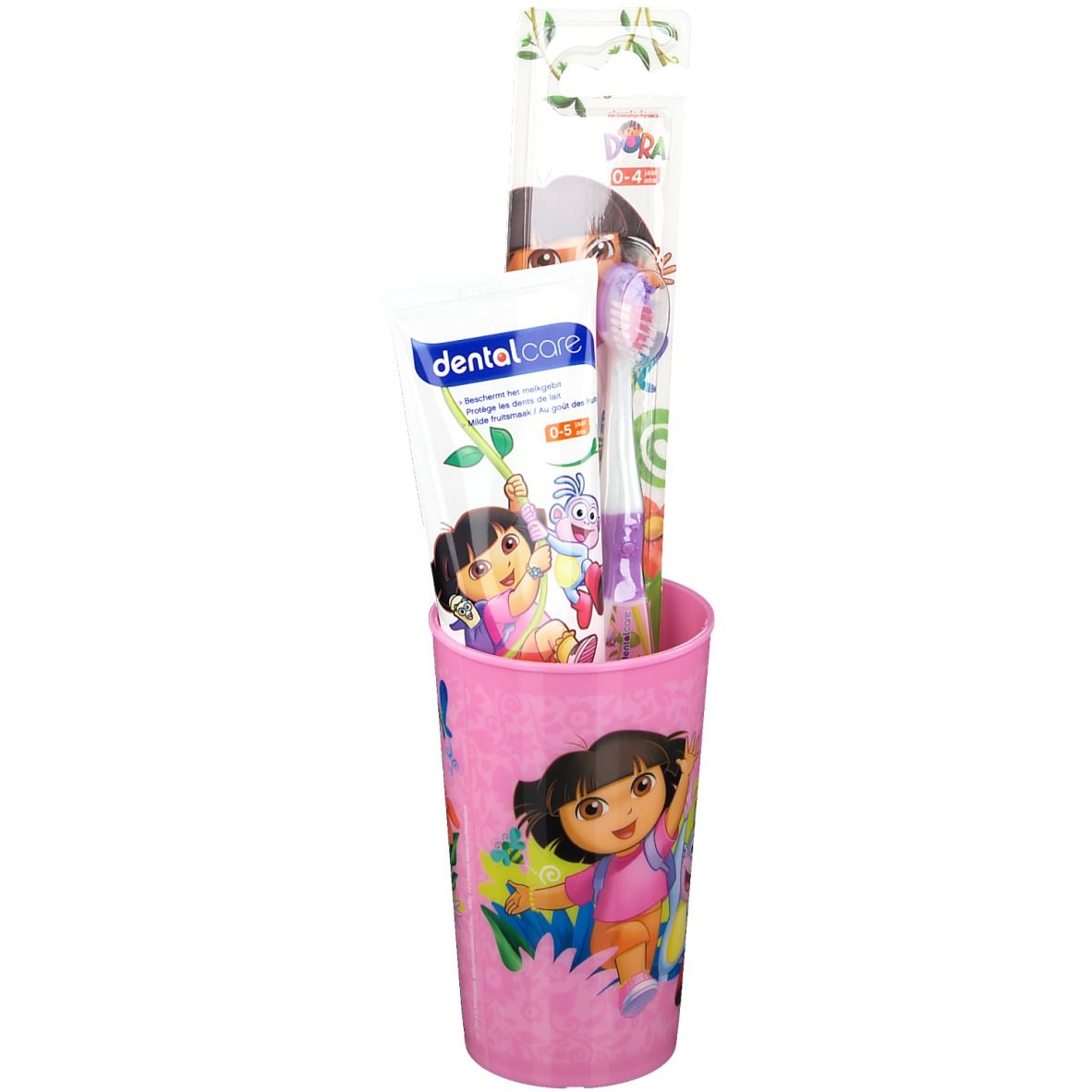 Roze Dora-beker, tandenborstel, tandpasta. Tandenborstel en tandpasta verpakt. Voor kinderen.