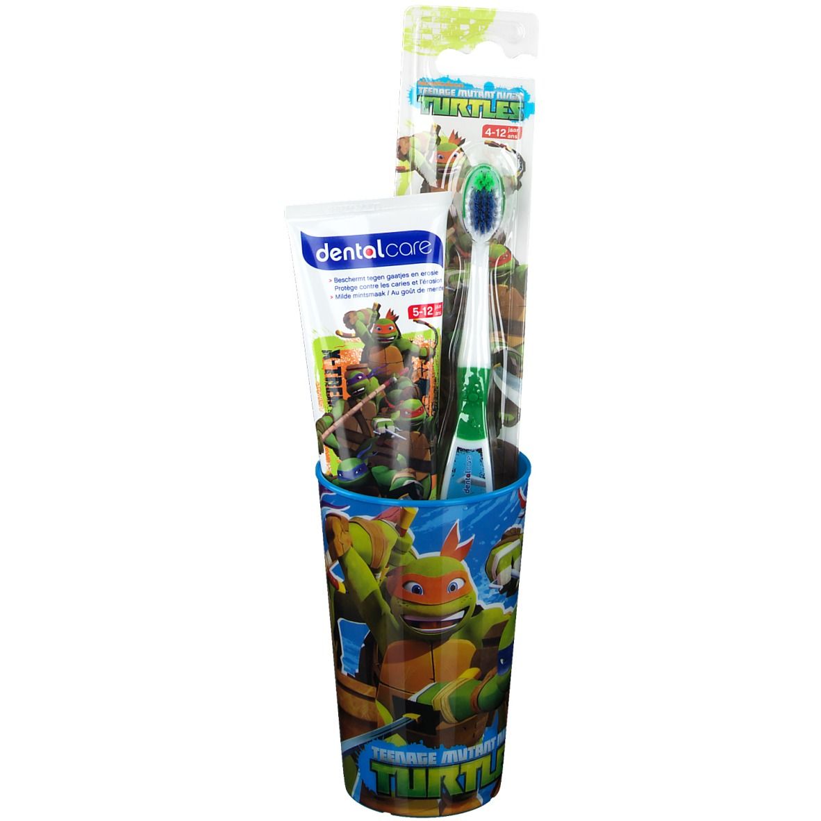 Zahnpflege-Set mit Becher, Zahnbürste und Zahnpasta. Becher mit Teenage Mutant Ninja Turtles-Motiv. Zahnbürste und Zahnpasta in Verpackung.