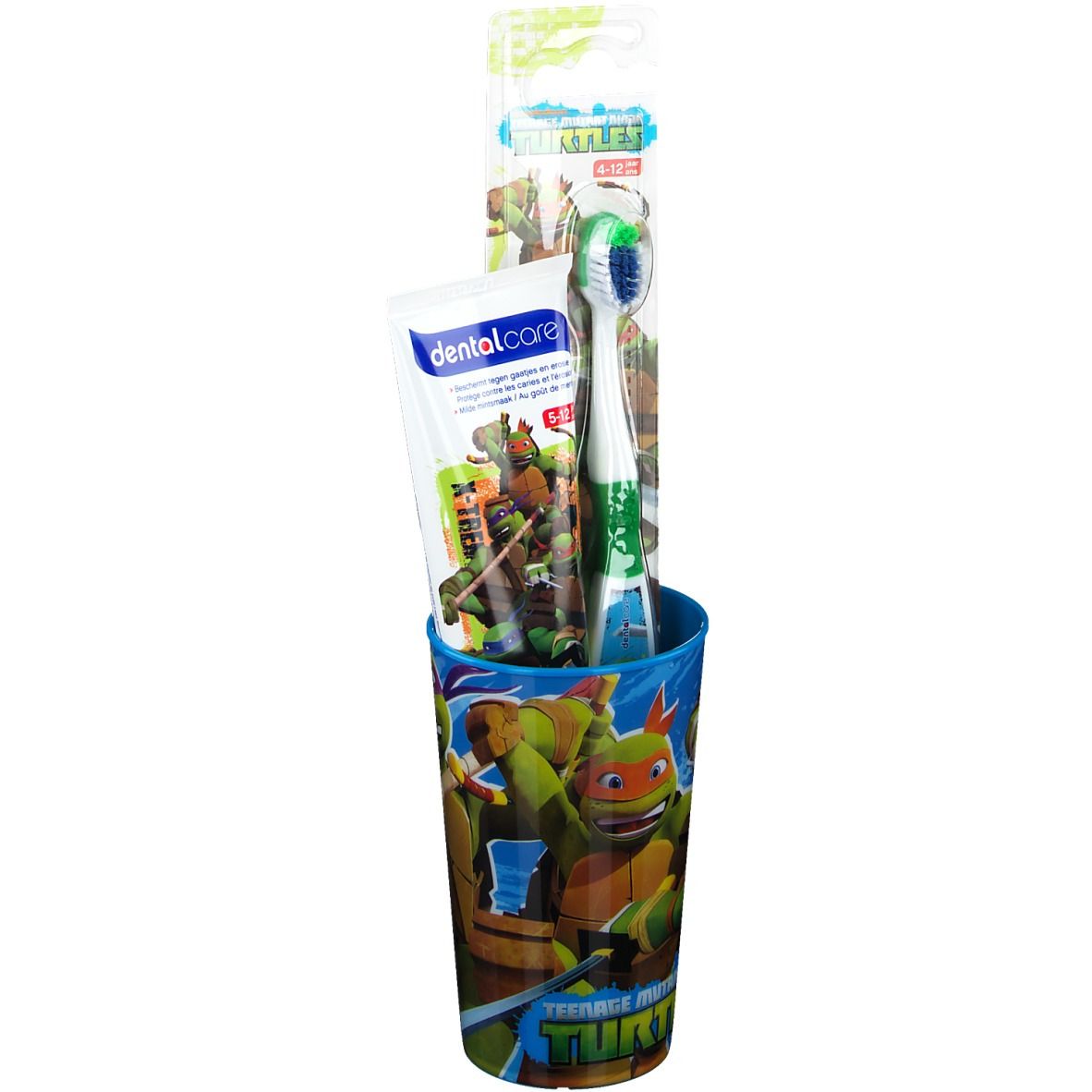 Zahnpflege-Set mit Becher, Zahnbürste und Zahnpasta. Becher mit Teenage Mutant Ninja Turtles-Motiv. Zahnbürste und Zahnpasta in Verpackung.