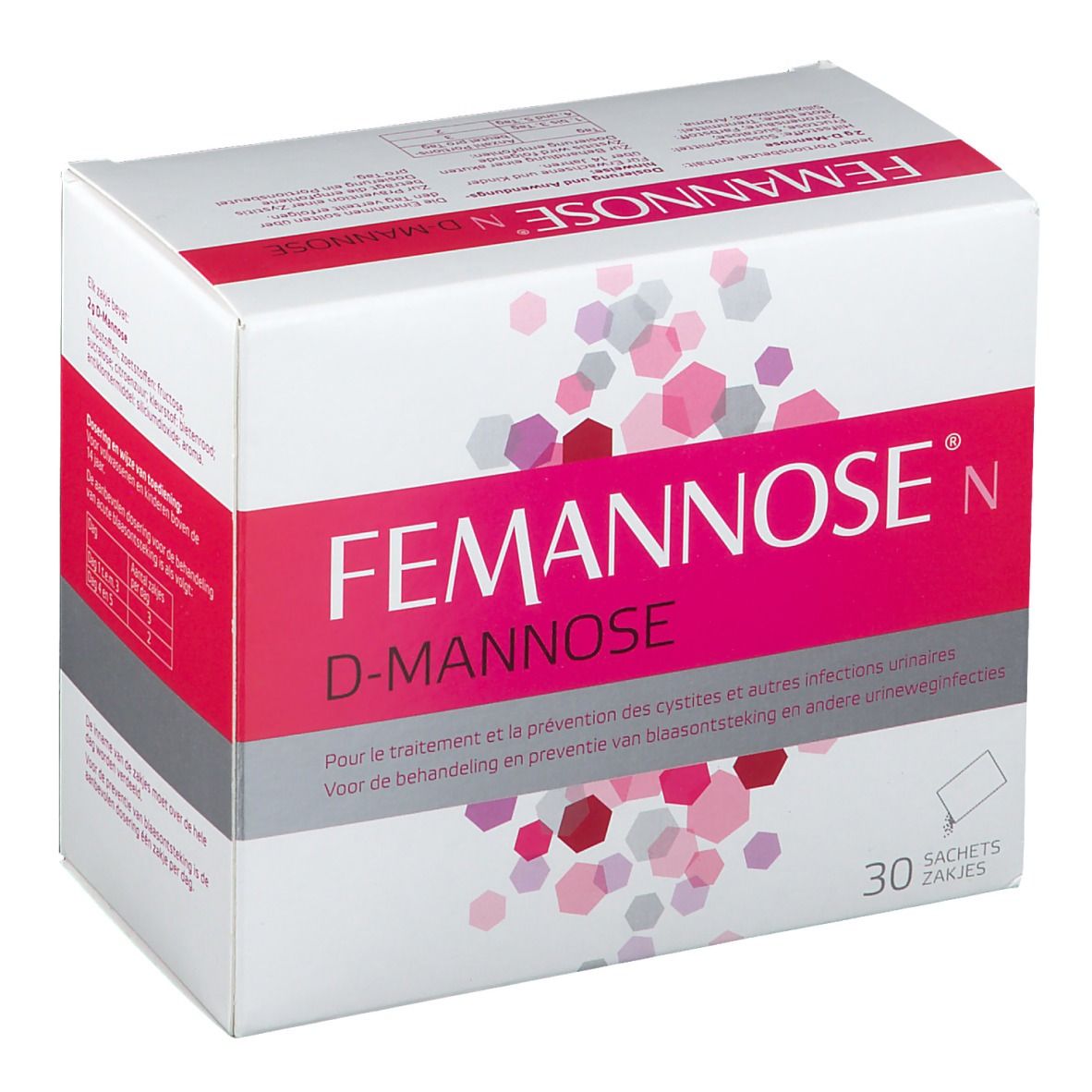 Boîte "Femannose N" et "D-Mannose". 30 sachets. Emballage rose et blanc avec motif hexagonal.
