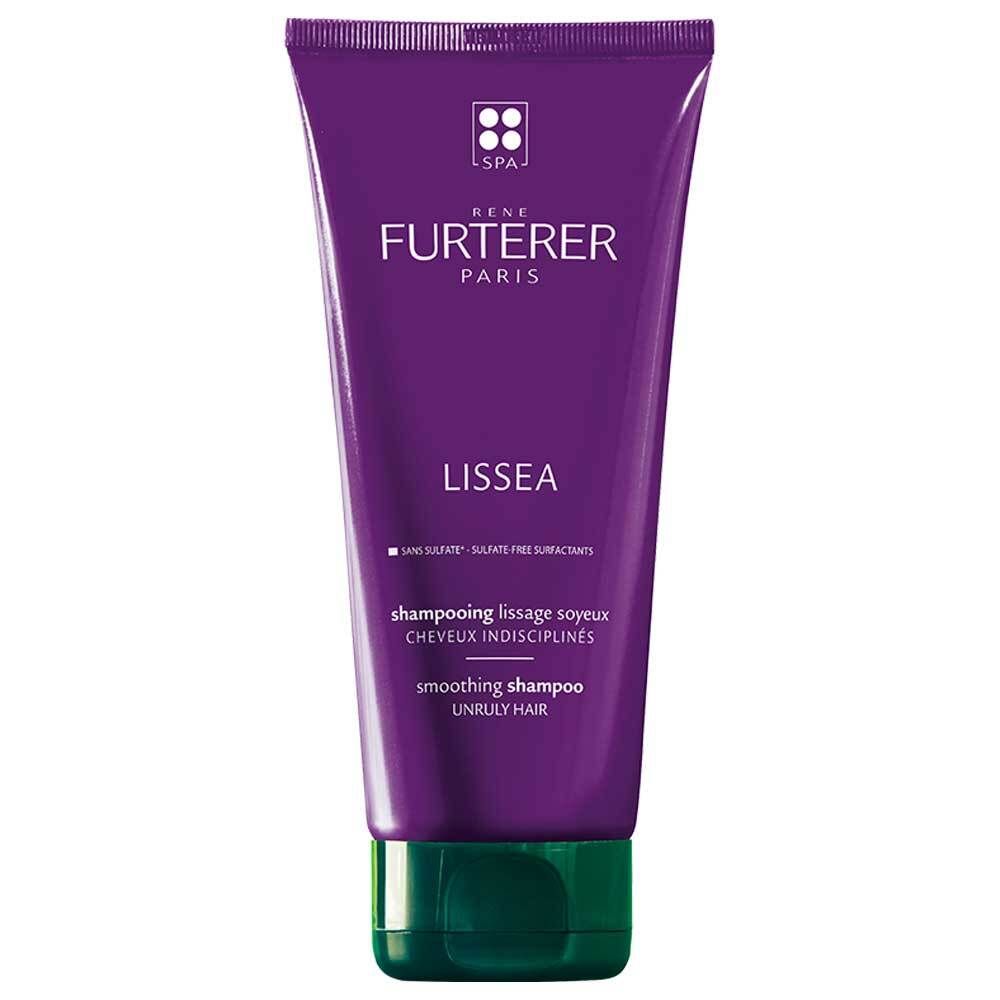 Tube violet avec bouchon vert. Inscription: Rene Furterer, Lissea, Shampooing lissage soyeux, cheveux indisciplinés.