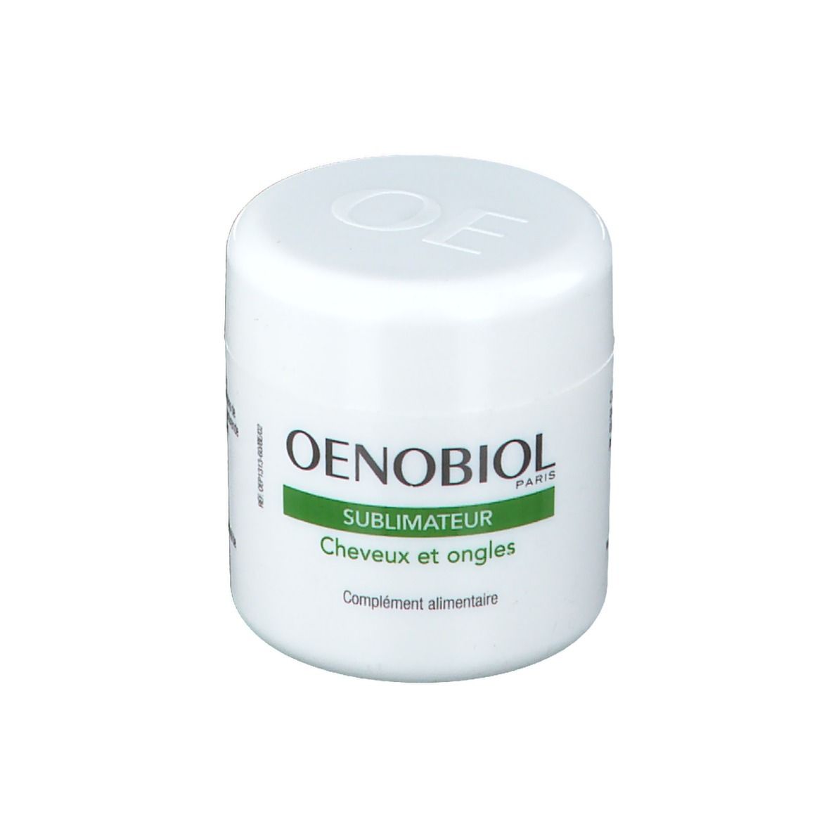 Pot blanc OENOBIOL. Inscription: SUBIMATEUR, Cheveux et ongles, complément alimentaire. Logo OE sur le couvercle.