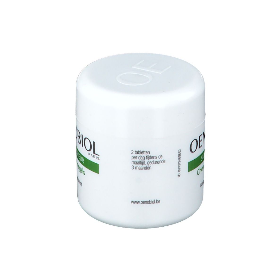 Pot blanc OENOBIOL. Texte: 2 tabletten per dag tijdens de maaltijd, gedurende 3 maanden. www.oenobiol.be