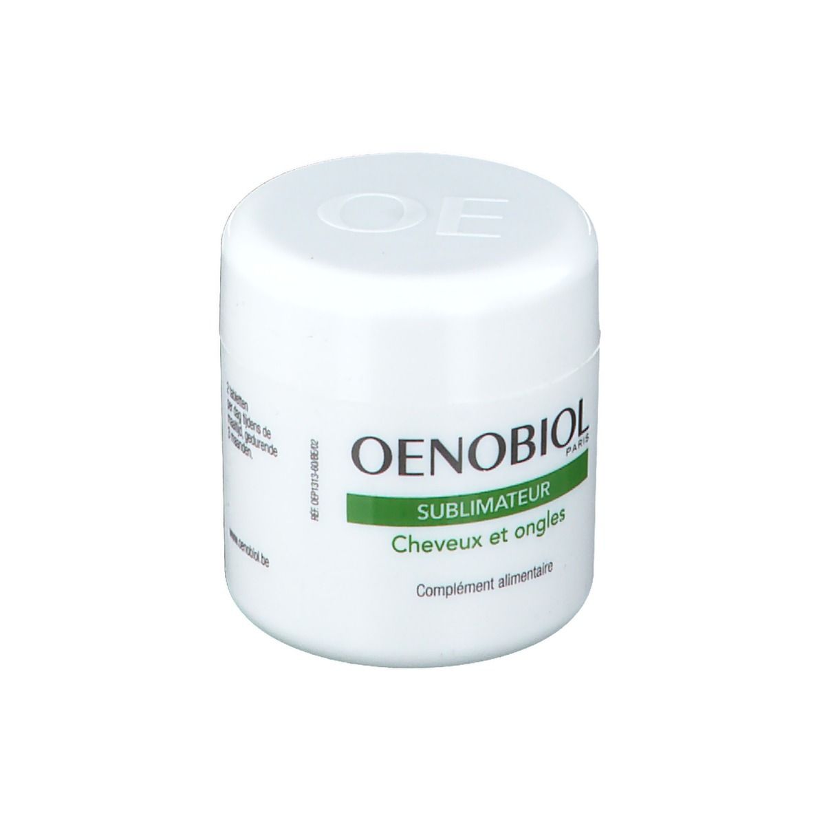 Pot blanc OENOBIOL. Texte: SUBIMATEUR, Cheveux et ongles, complément alimentaire. Logo OE sur le couvercle.