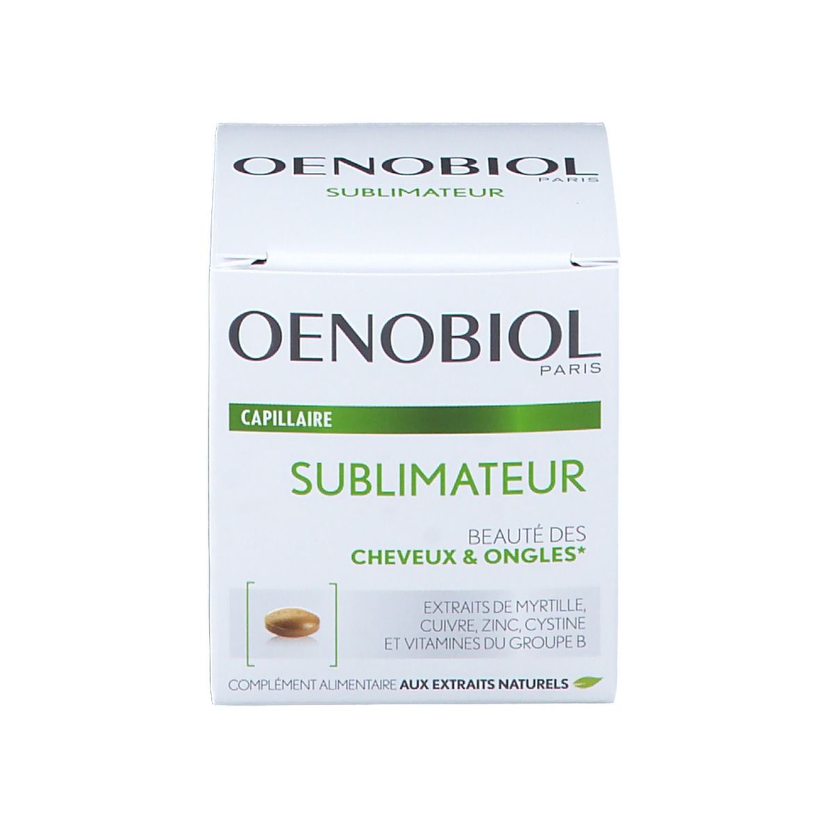 Boîte OENOBIOL. Inscription: CAPILLAIRE, SUBIMATEUR, BEAUTÉ DES CHEVEUX & ONGLES. Ingrédients.