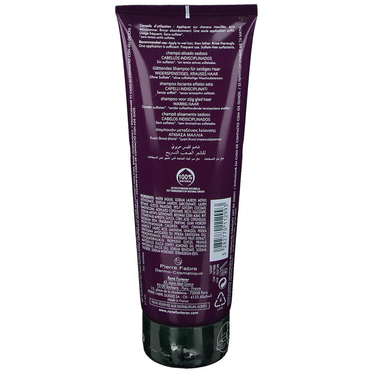 Tube violet. Texte multilingue. En bas : Pierre Fabre, ingrédients 100% naturels. Bouchon noir.