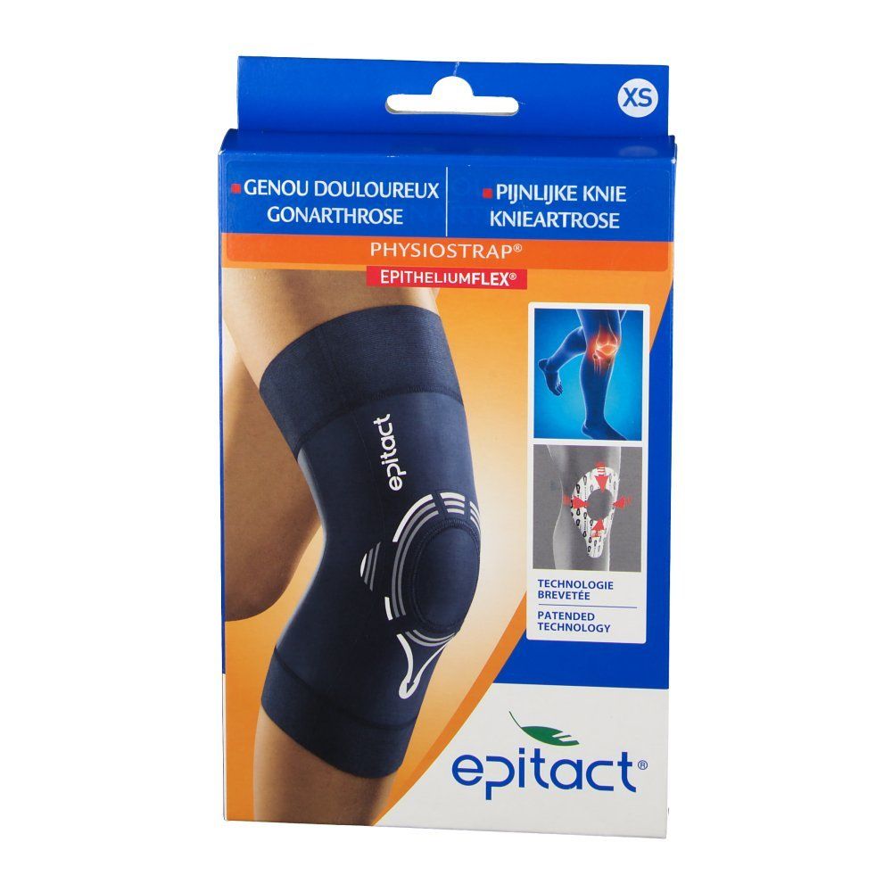 Kniebandage in blauer Verpackung. Aufdrucke: Epitact, Physiostrap, Genu douloureux, Pijnlijke knie, Knieartrose. XS-Größenangabe.