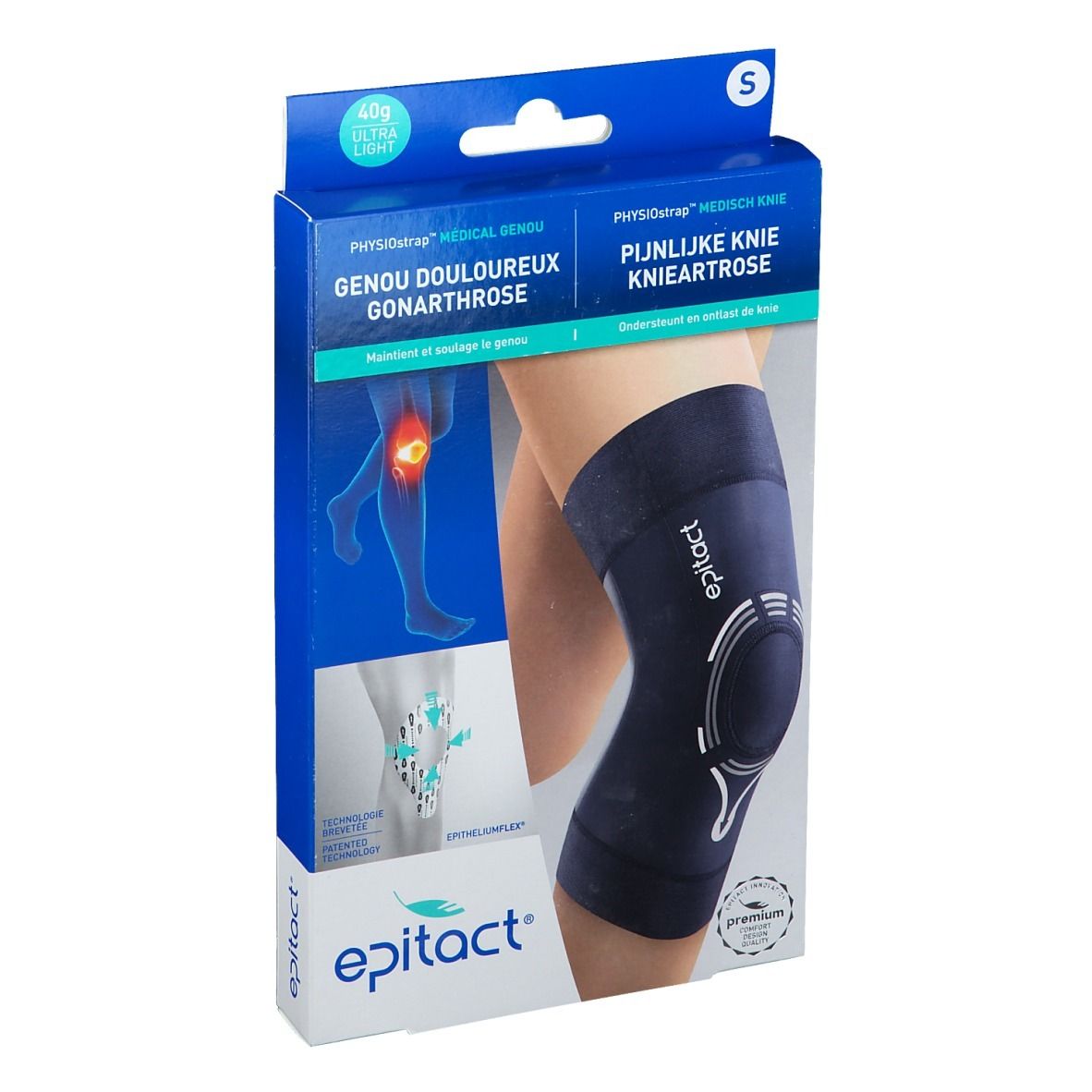 Boîte de l'Epitact Genouillere Physiostrap S. Boîte bleue avec image et texte du produit. Marque Epitact.