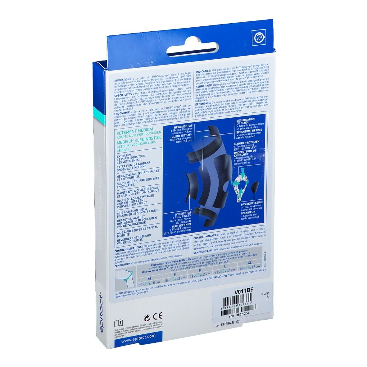 Dos de l'emballage Epitact Genouillere Physiostrap S. Texte et illustrations du produit. Marque Epitact.