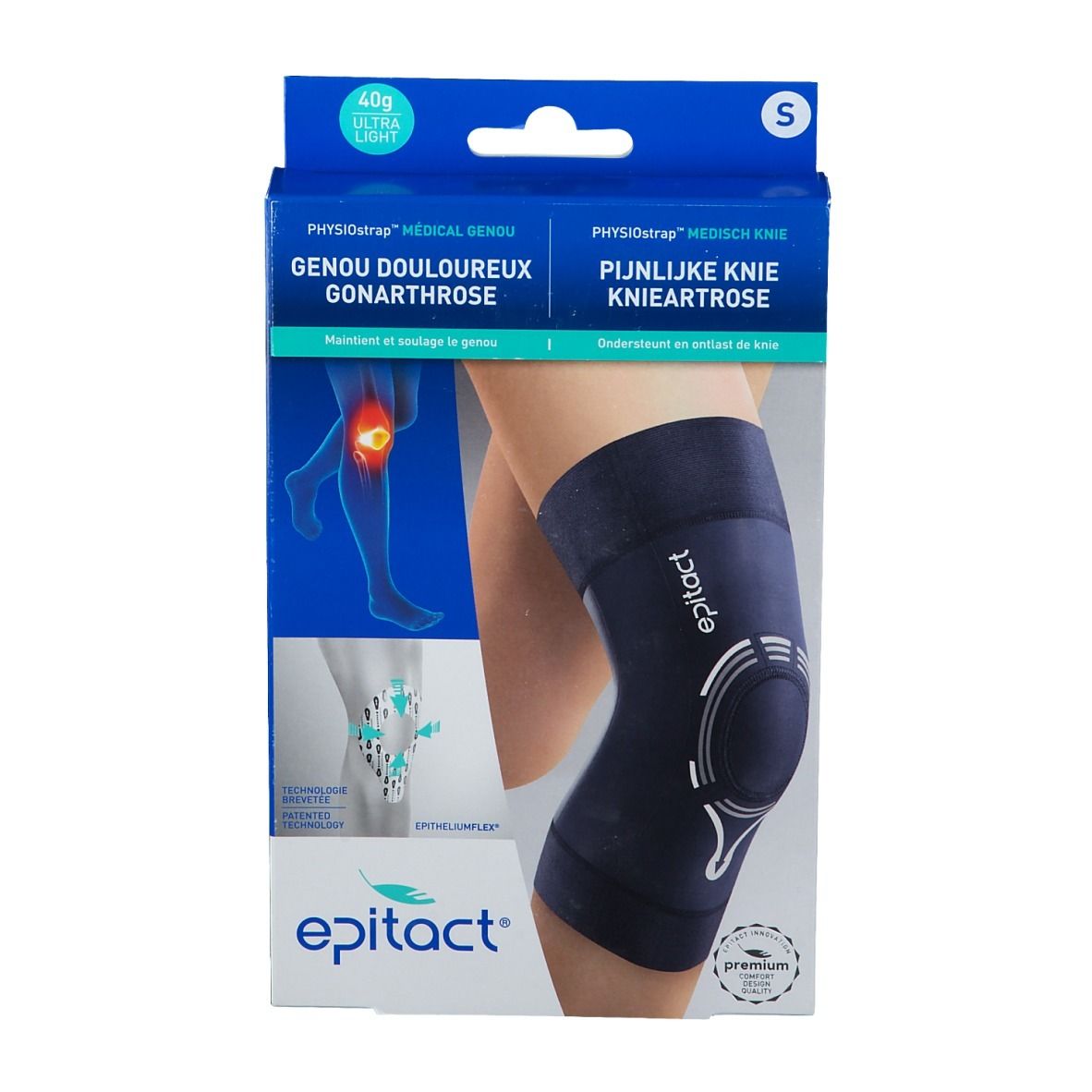 Boîte de l'Epitact Genouillere Physiostrap S. Boîte bleue avec image et texte du produit. Marque Epitact.