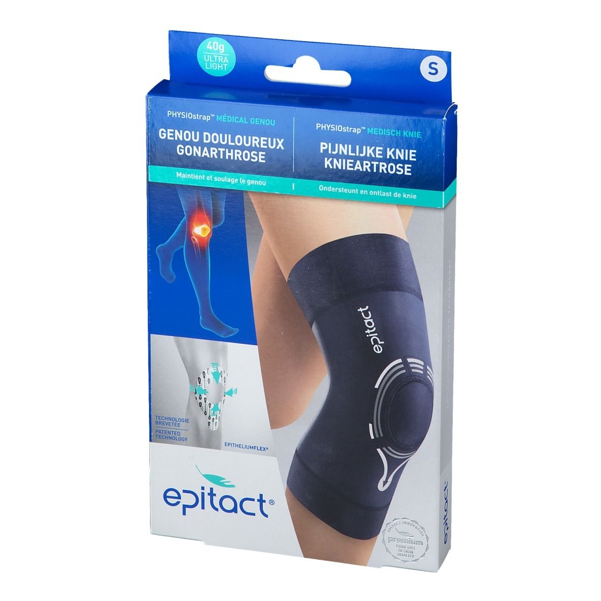 Boîte de l'Epitact Genouillere Physiostrap S. Boîte bleue avec image et texte du produit. Marque Epitact.