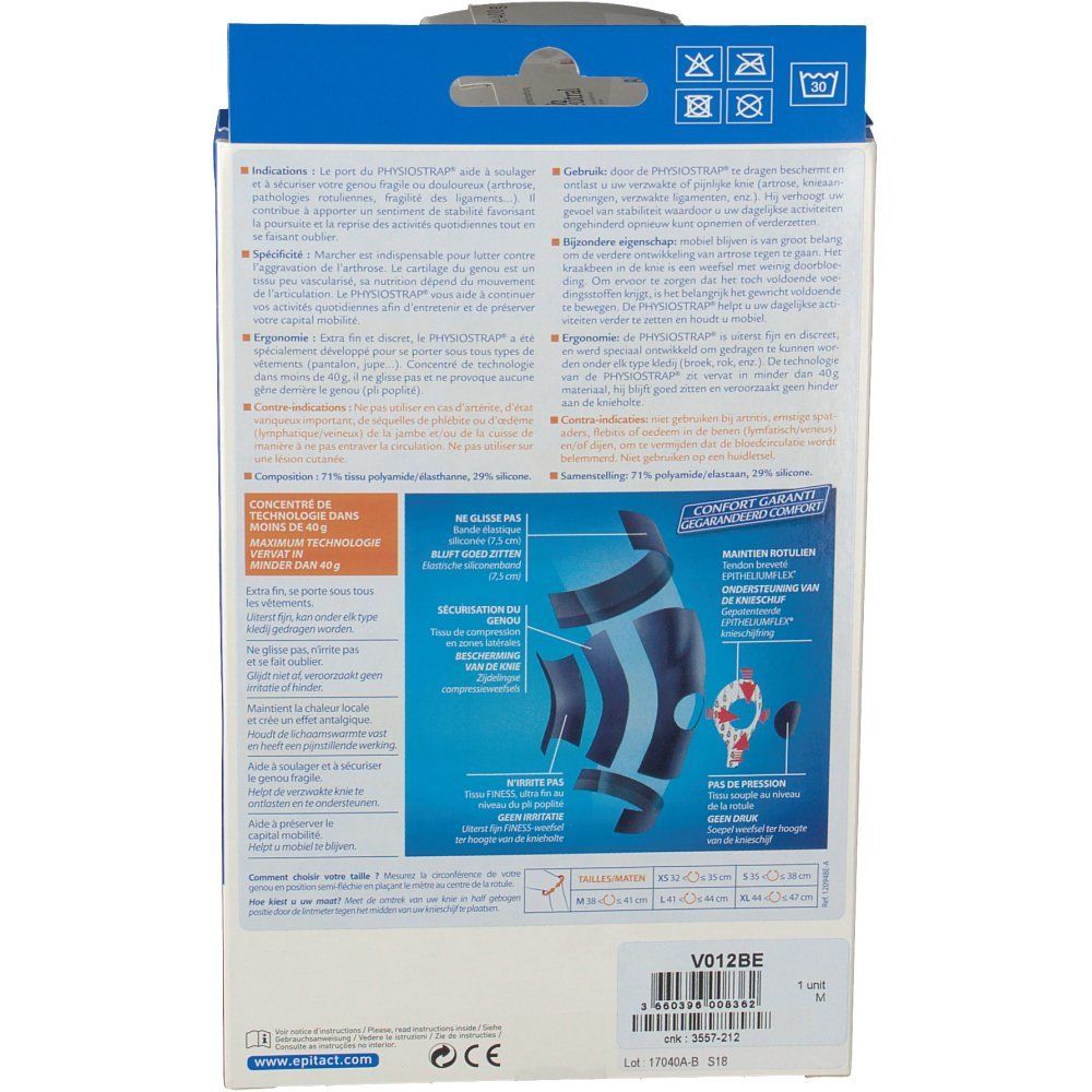 Dos de l'emballage Epitact Physiostrap M. Informations produit, illustrations et logo. Dispositif médical.