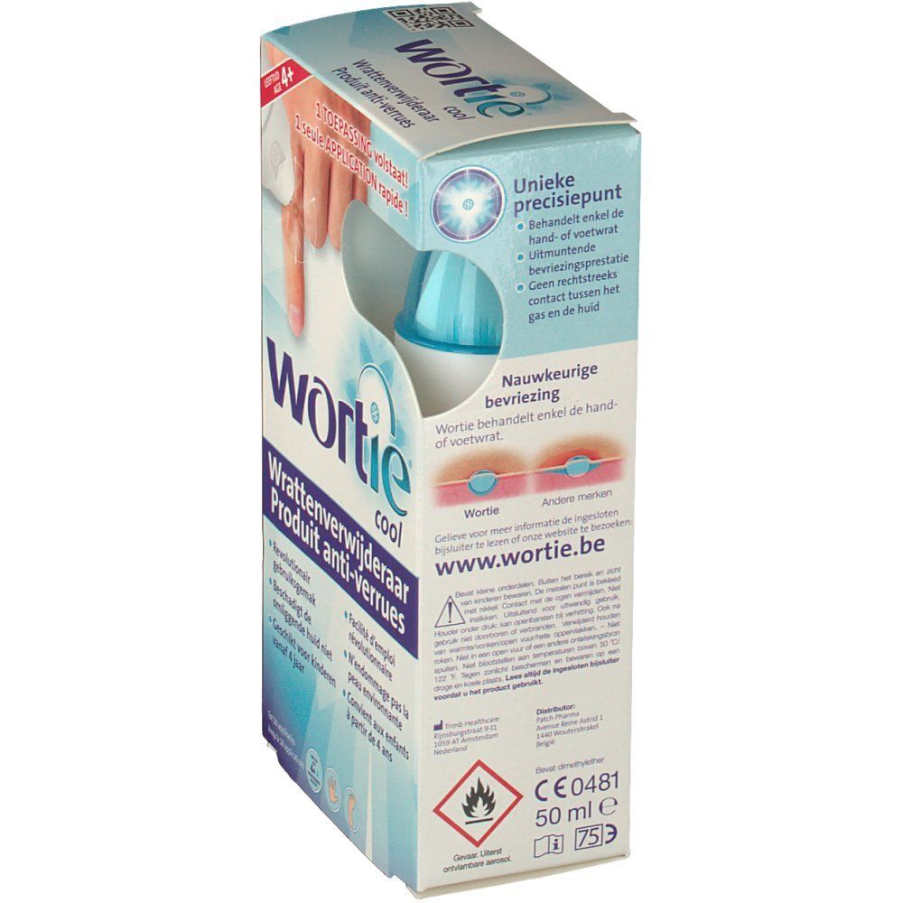 Achterkant van de verpakking van Wortie Cool. Product tegen wratten. Bevat info.