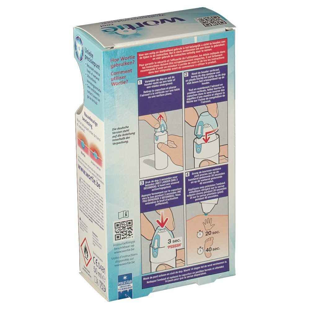 Verpakking van Wortie Cool. Product tegen wratten. Gebruiksaanwijzing met illustraties.