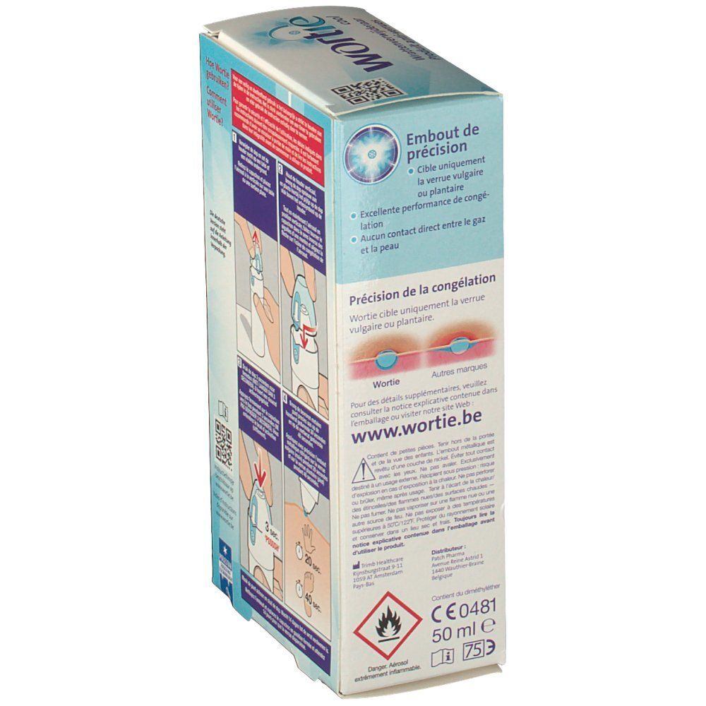 Verpakking van Wortie Cool. Product tegen wratten. Bevat info en illustraties.