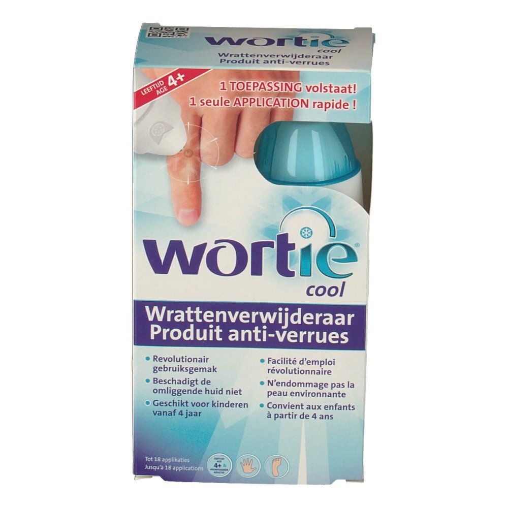Voorkant van de verpakking van Wortie Cool. Product tegen wratten. Bevat een applicator.