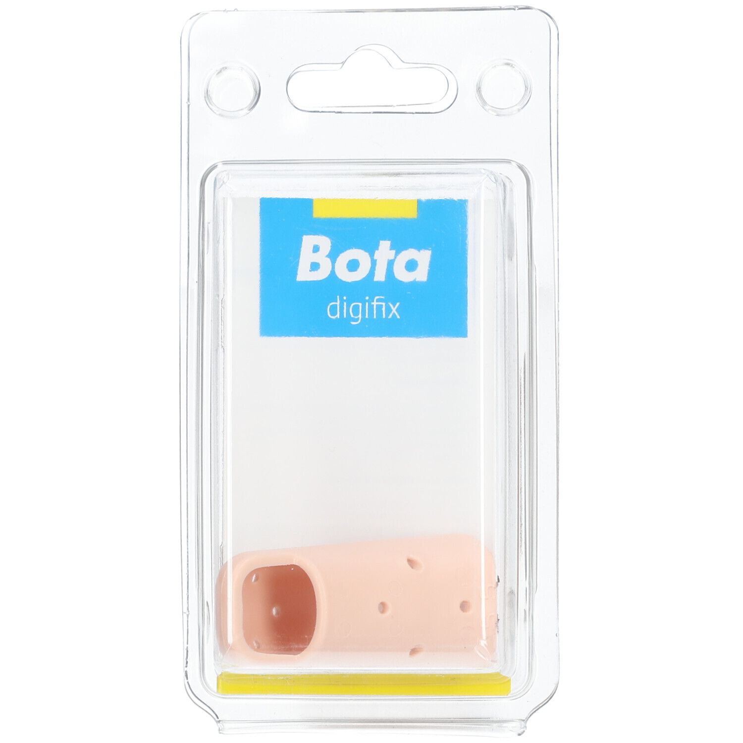 Emballage blister contenant Bota Digifix Fingermallet. Orthèse beige en forme de doigt, perforée. Logo Bota sur fond bleu.