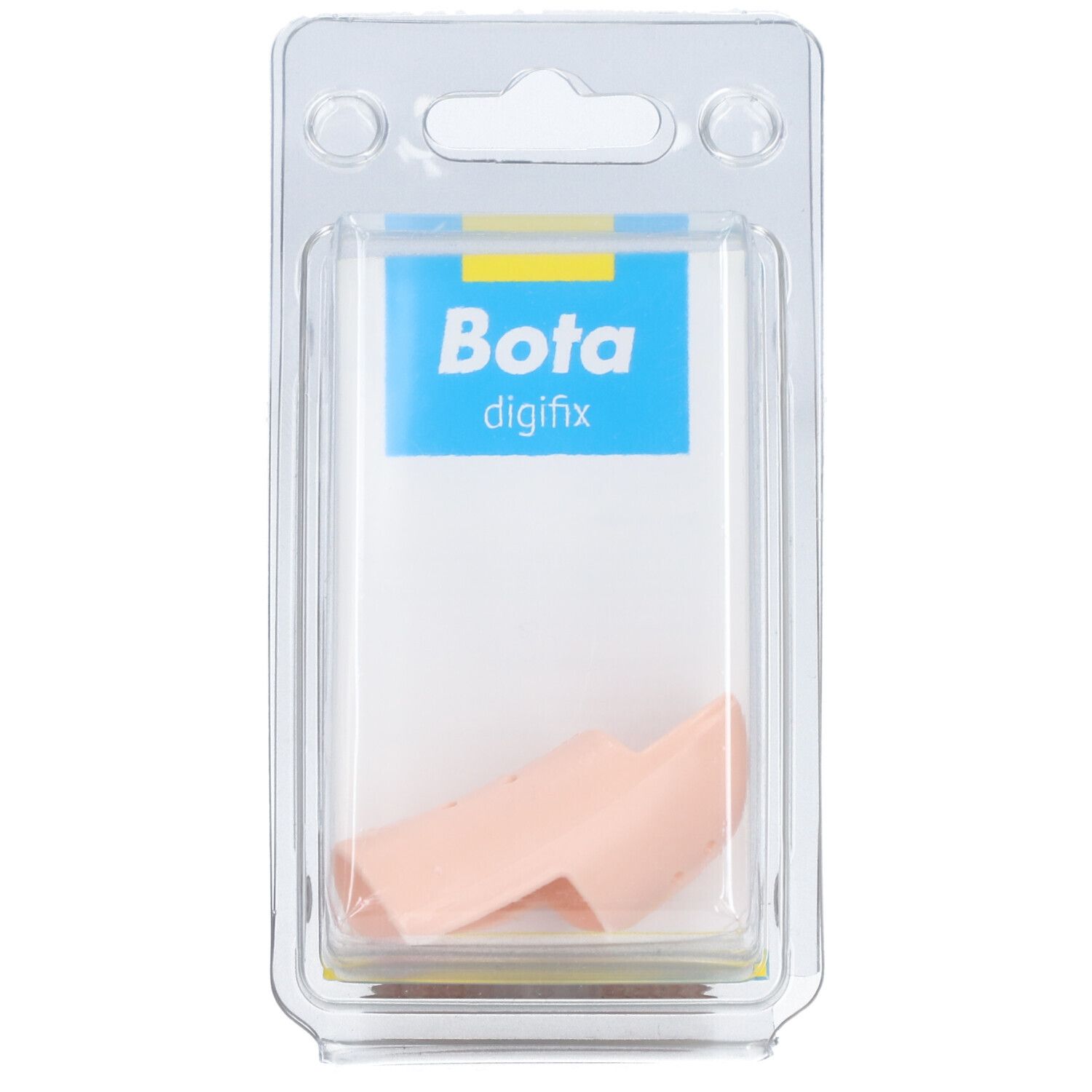 Product in blisterverpakking. Opschrift "Bota digifix". Roze vingersteun zichtbaar.