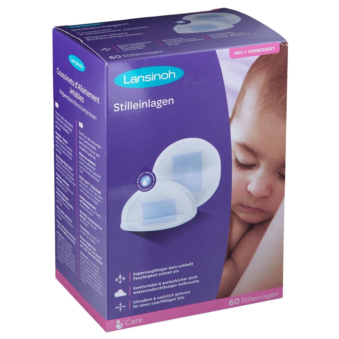 Lansinoh zoogcompressen verpakking. Toont 2 inlegkruisjes. Opschrift: 60 zoogcompressen. Baby-illustratie. Paarse verpakking met productinfo.
