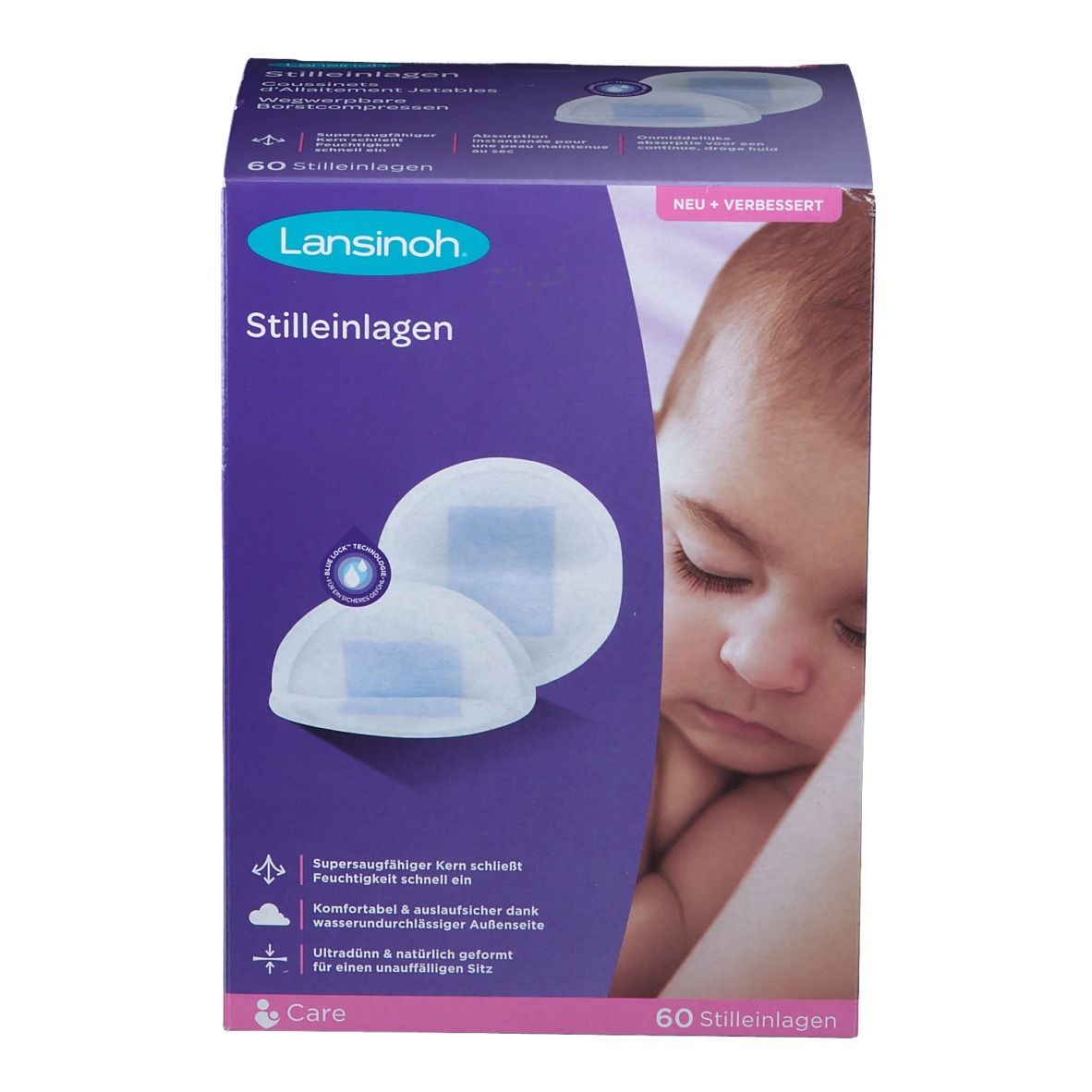 Lansinoh zoogcompressen verpakking. Toont 2 inlegkruisjes. Opschrift: 60 zoogcompressen. Baby-illustratie. Paarse verpakking met productinfo.