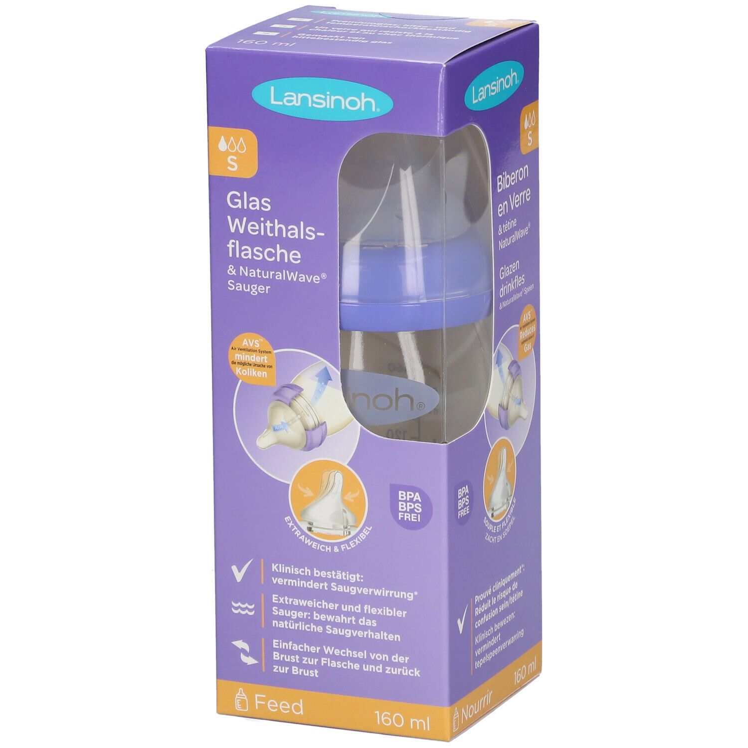 Lansinoh Glas Weithalsflasche in Verpackung. Sichtbar: Flasche, Sauger, BPA-frei. Text: Glas Weithalsflasche, NaturalWave.