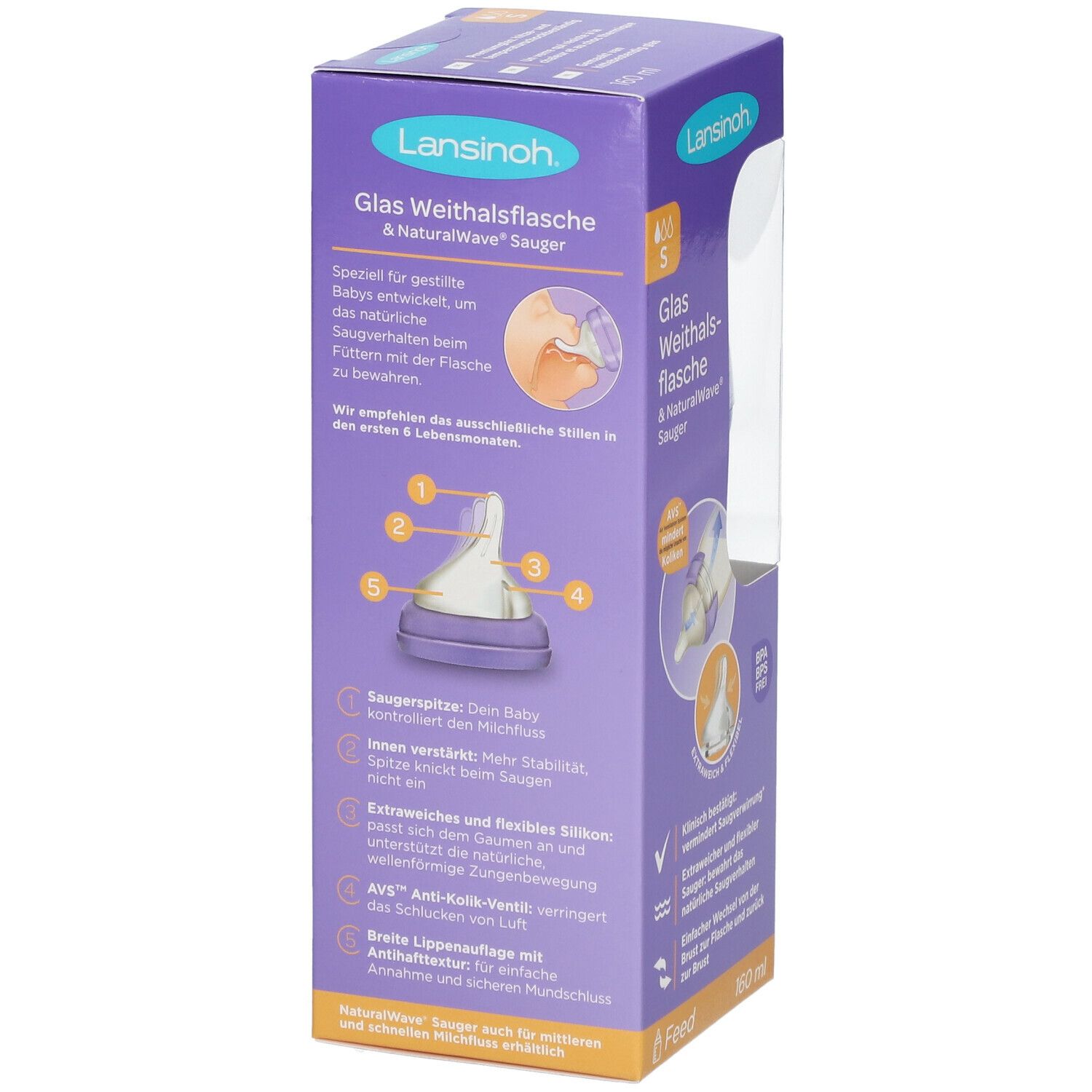 Verpackung der Lansinoh Glas Weithalsflasche. Sichtbar: Flasche, Sauger. Text: Glas Weithalsflasche, NaturalWave, Saugspitze.