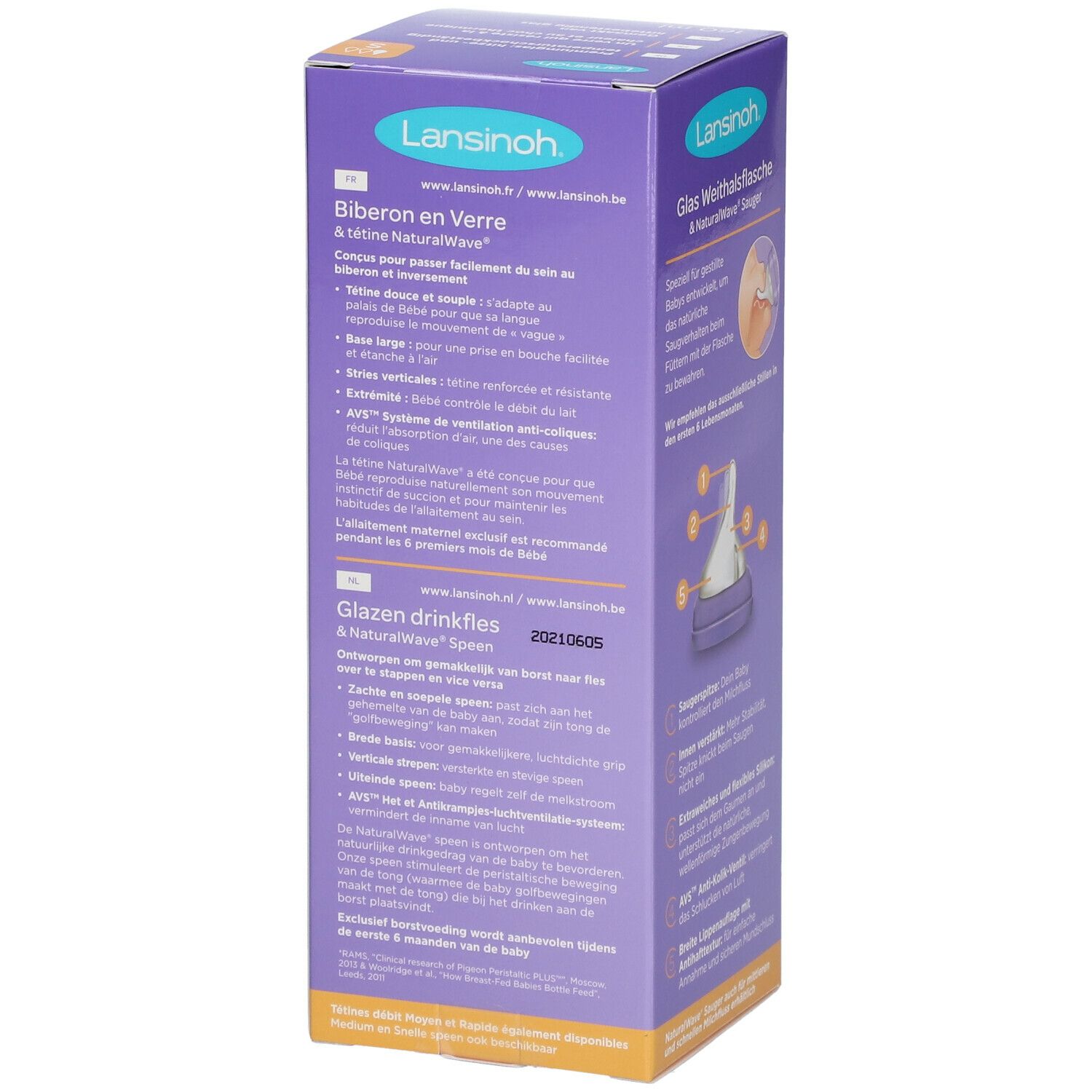 Rückseite der Lansinoh Glasflaschen-Verpackung. Text: Biberon en Verre, Glazen drinkfles, NaturalWave, AVS.