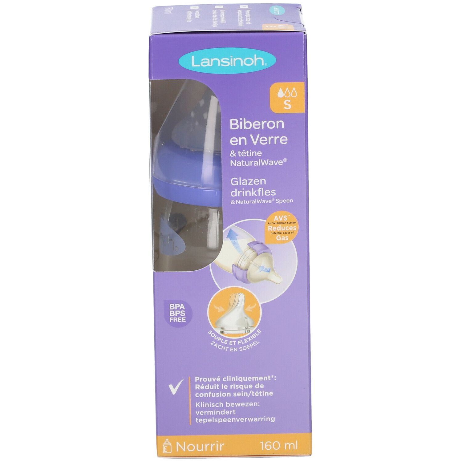Lansinoh Glasflasche in Verpackung. Sichtbar: Flasche, Sauger, BPA-frei. Text: Biberon en Verre, NaturalWave, AVS.