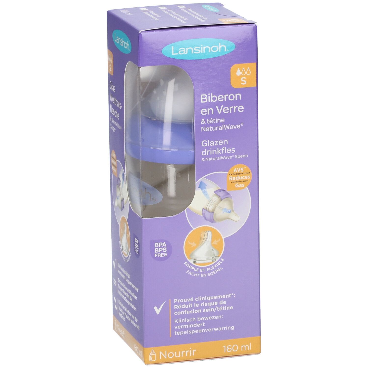 Lansinoh Glasflasche in Verpackung. Sichtbar: Flasche, Sauger, BPA-frei. Text: Biberon en Verre, NaturalWave, AVS.
