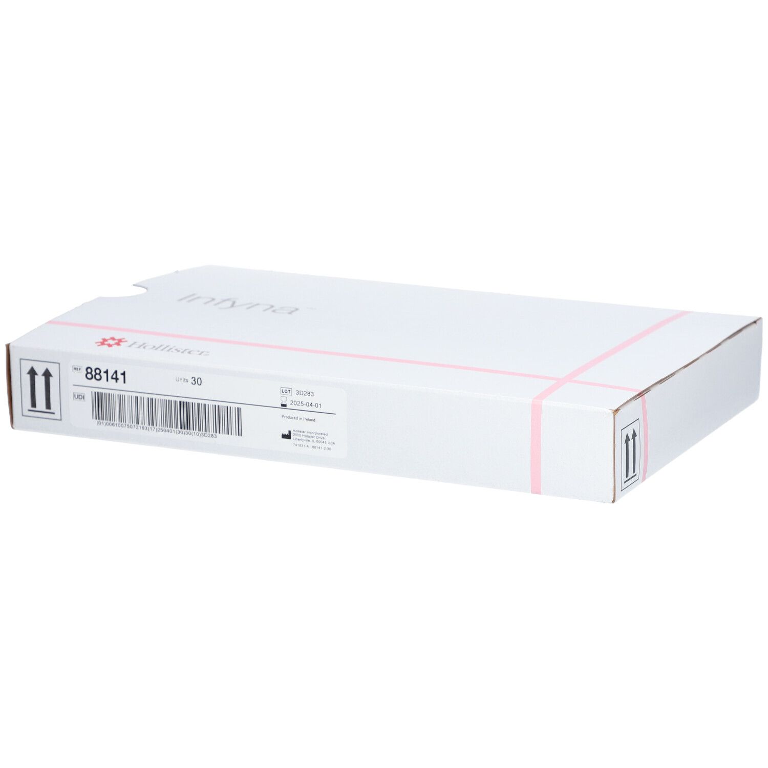 Boîte en carton blanche avec informations produit et code-barres. Inscription: 88141, Infyna. Bandes roses.