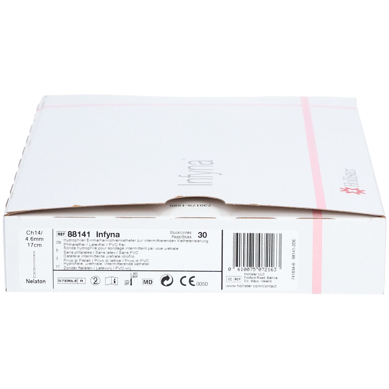 Boîte en carton blanche avec informations produit et code-barres. Inscription: Infyna, 88141. Bandes roses. Marque CE.