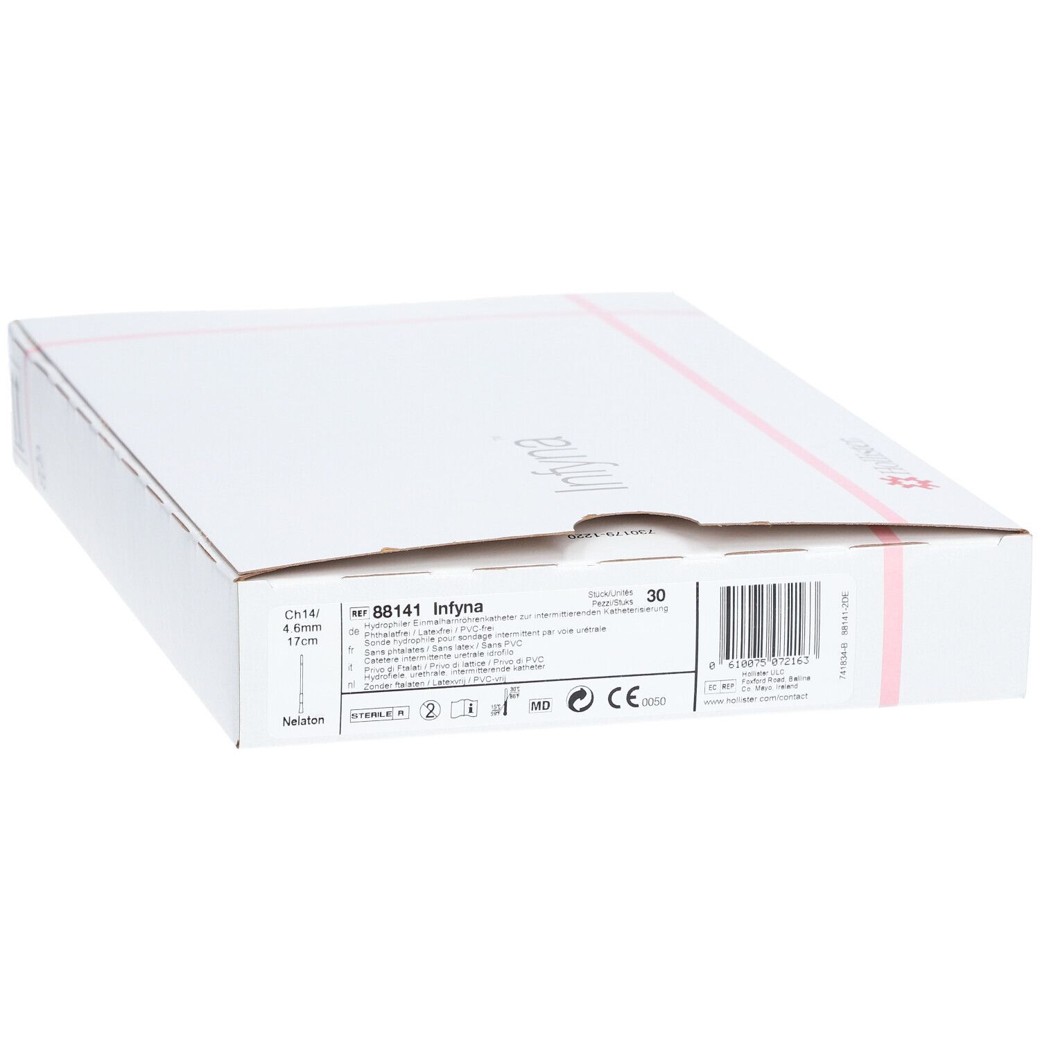 Boîte en carton blanche avec informations produit et code-barres. Inscription: Infyna, 88141. Bandes roses. Marque CE.