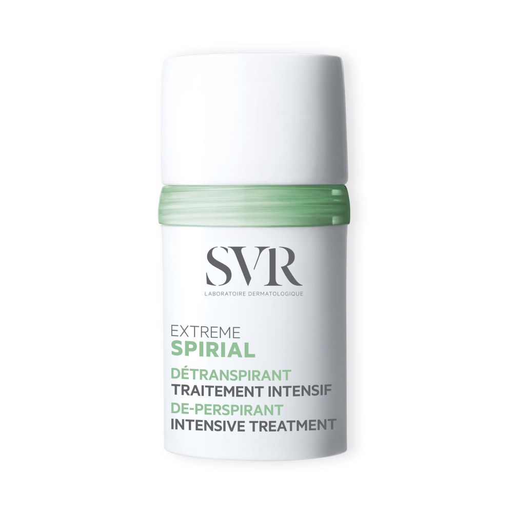 Déodorant roll-on blanc avec bande verte. Inscription: SVR EXTREME SPIRIAL. Texte: Traitement détranspirant intensif.