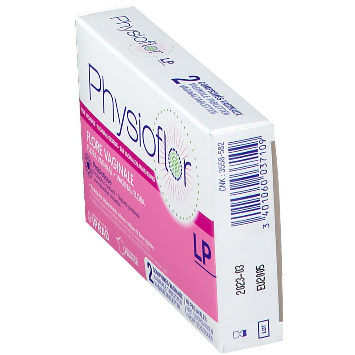 Boîte Physioflor LP en biais. Inscription: Physioflor, 2 comprimés vaginaux. Nom, logos et numéro de lot.