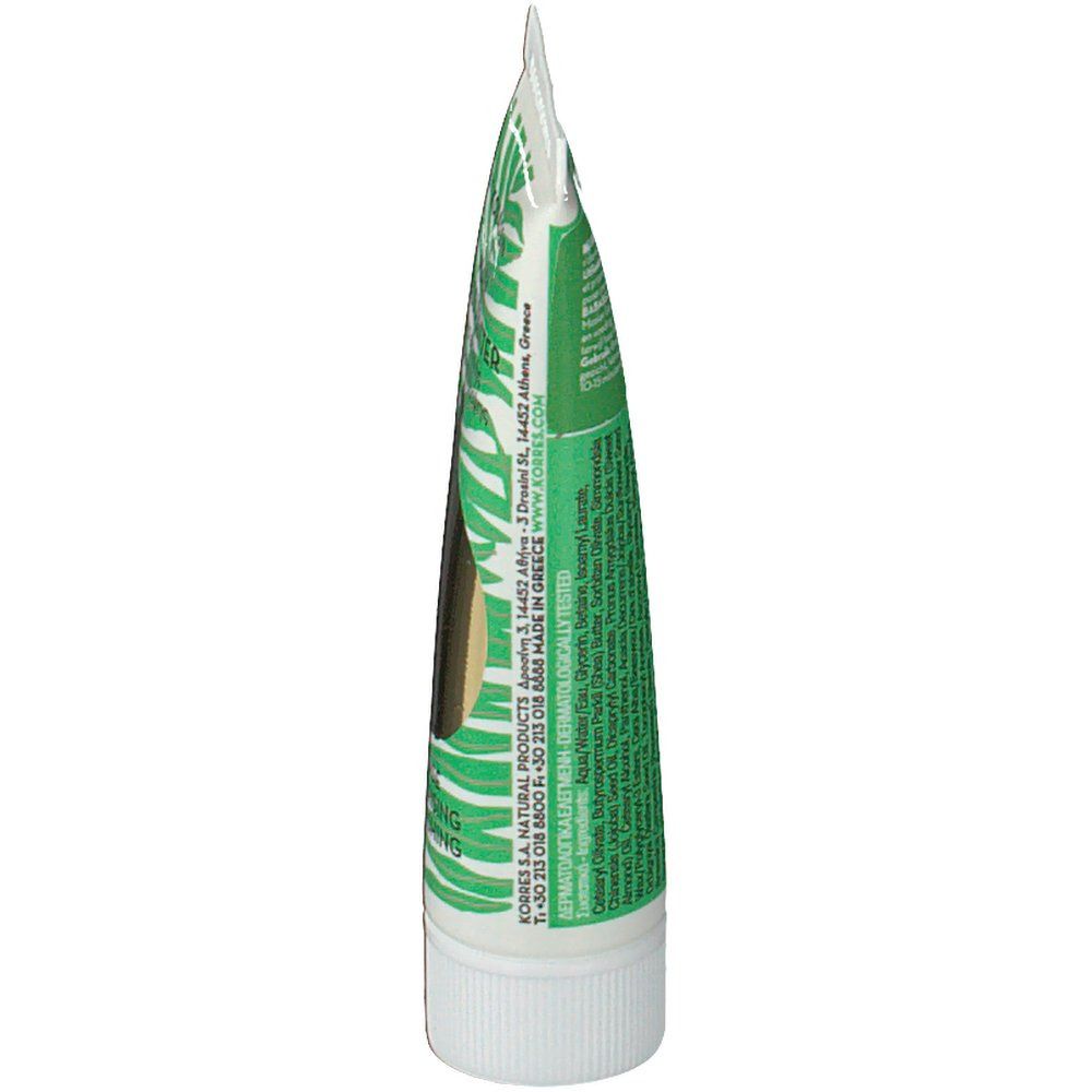 Korres Mask tube, zijaanzicht. Wit met groene bladeren. Tekst en barcode. Gemaakt in Griekenland.