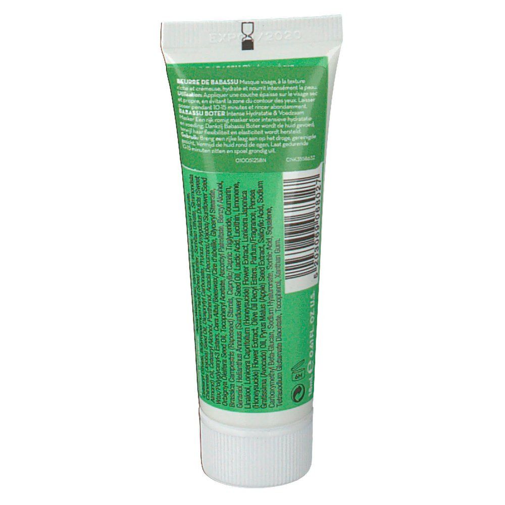 Achterkant van de Korres Mask tube. Meertalige tekst. Ingrediënten en barcode. Witte achtergrond.