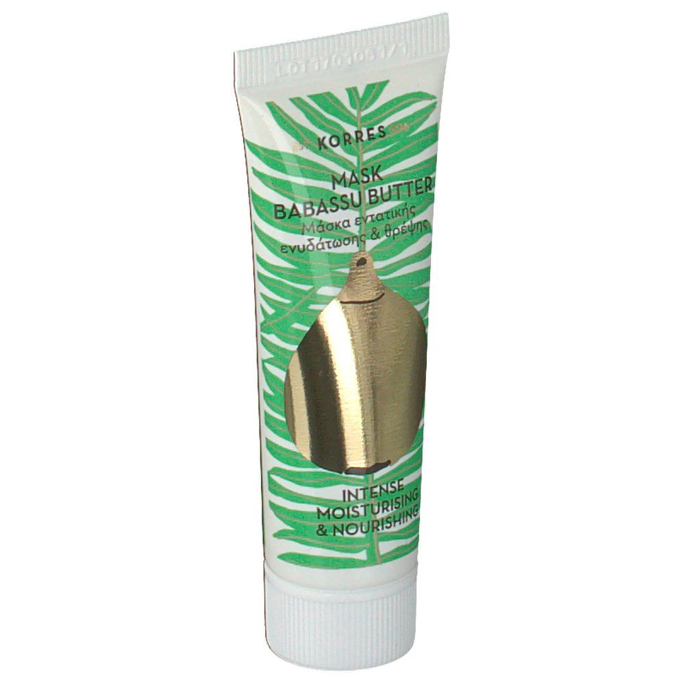 Witte tube Korres Mask Babassu Butter, groene bladeren en gouden illustratie. Tekst: Intense Moisturising & Nourishing.