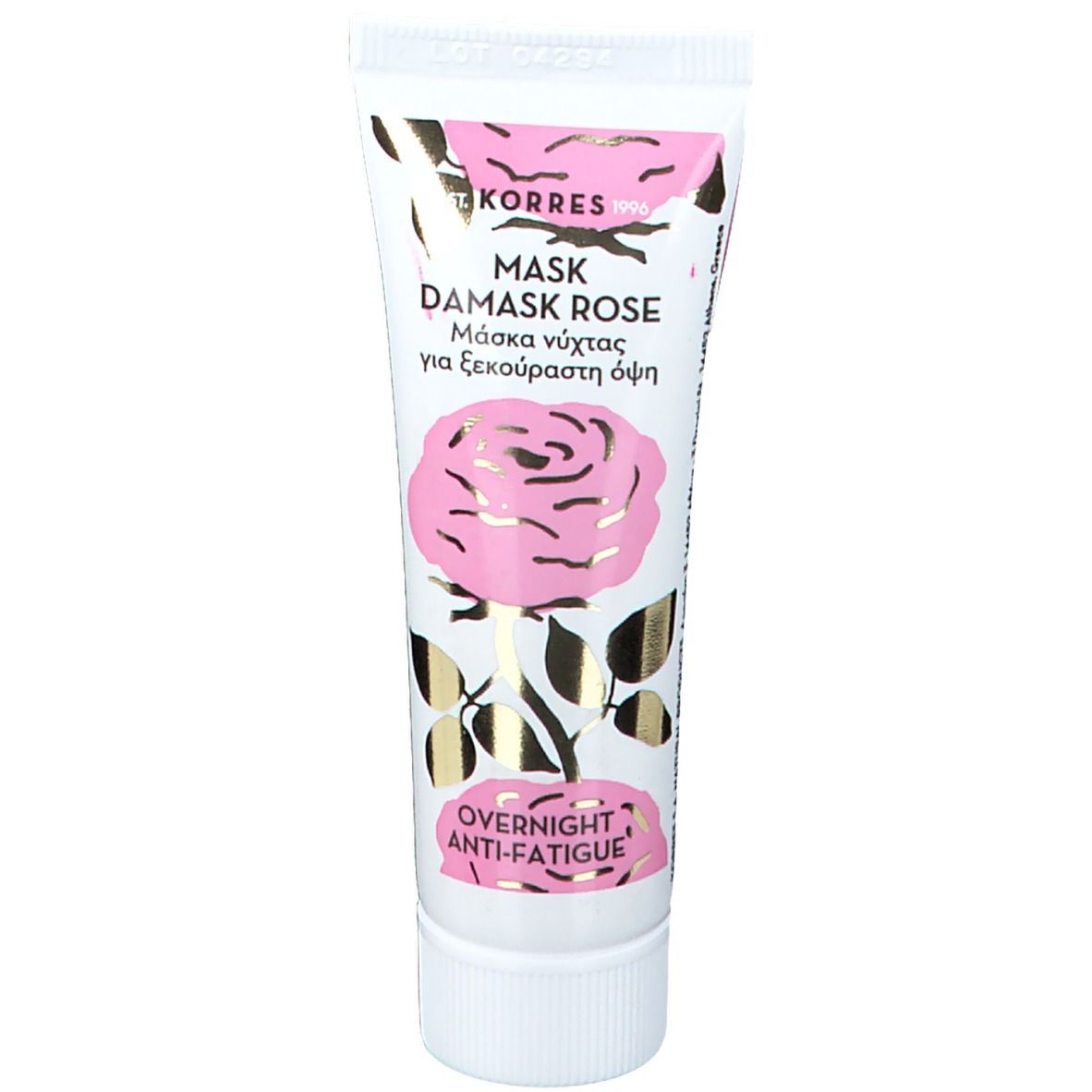 Tube blanc avec décorations roses et dorées. Inscription: KORRES, Masque Rose de Damas, Overnight Anti-Fatigue.