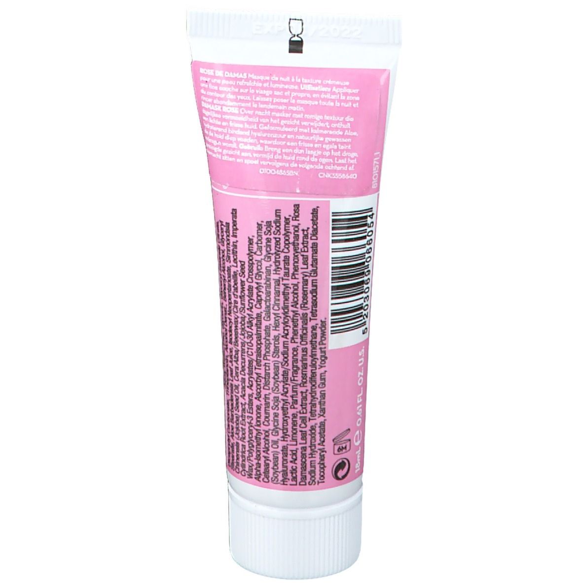 Dos d'un tube blanc. Fond rose avec texte et code-barres. Inscription: Ingrédients, 0.68 fl. oz. US.