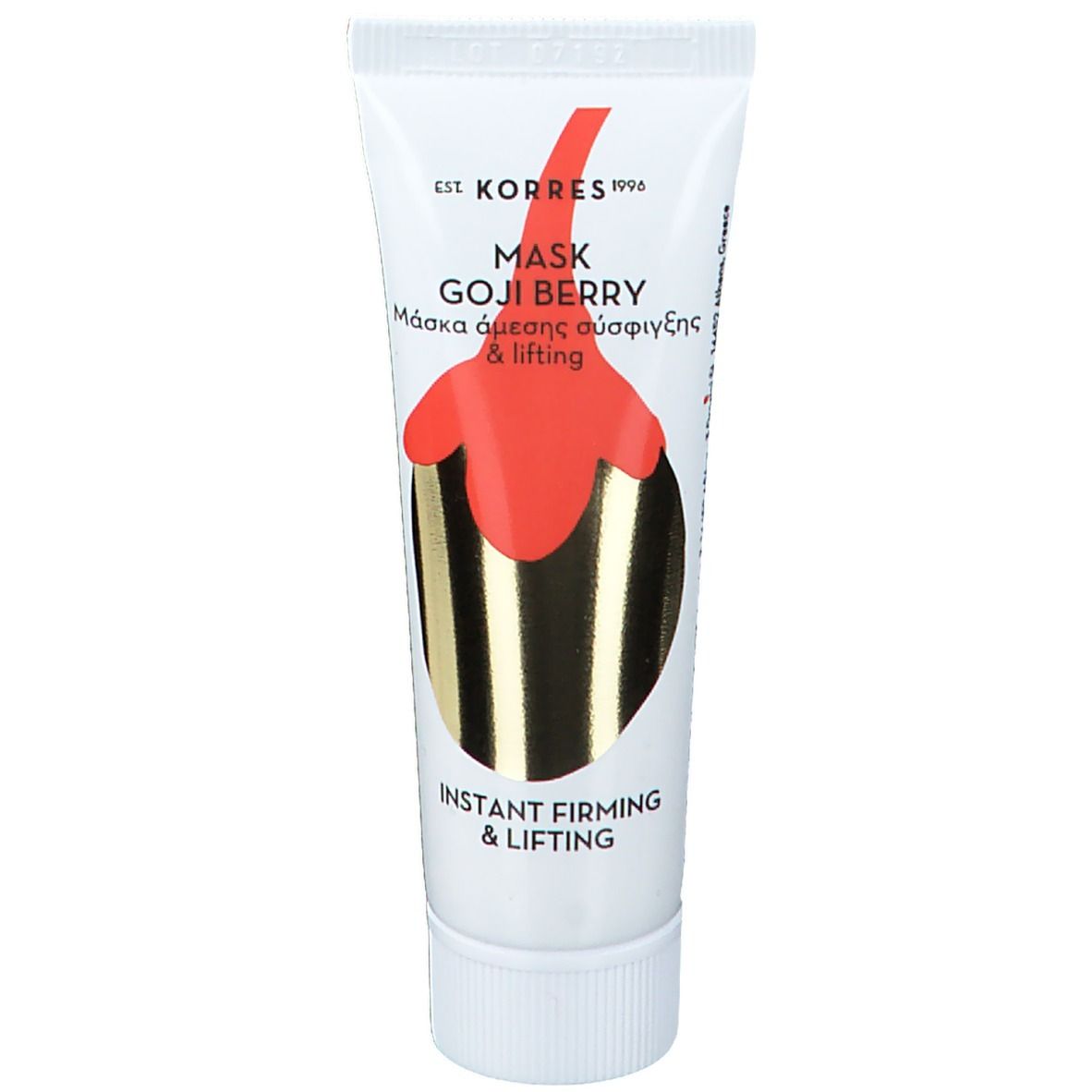 Weiße Tube mit rotem und goldenem Design. Aufschrift: KORRES, Mask Goji Berry, Instant Firming & Lifting.