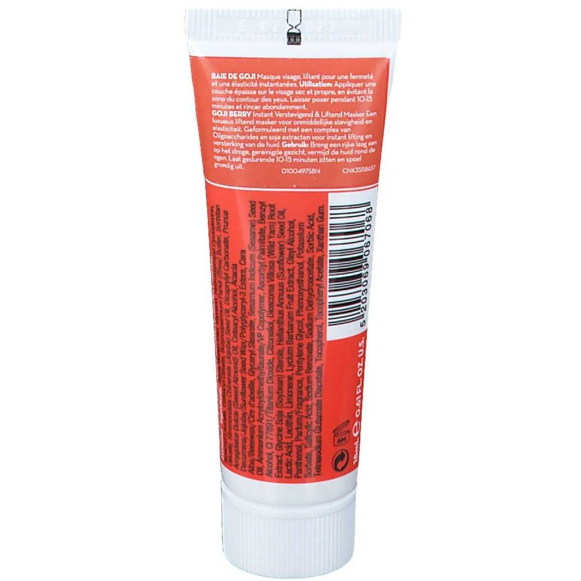 Rückseite der weißen Tube. Text in mehreren Sprachen, darunter Goji Berry, Instant Firming & Lifting. Barcode.
