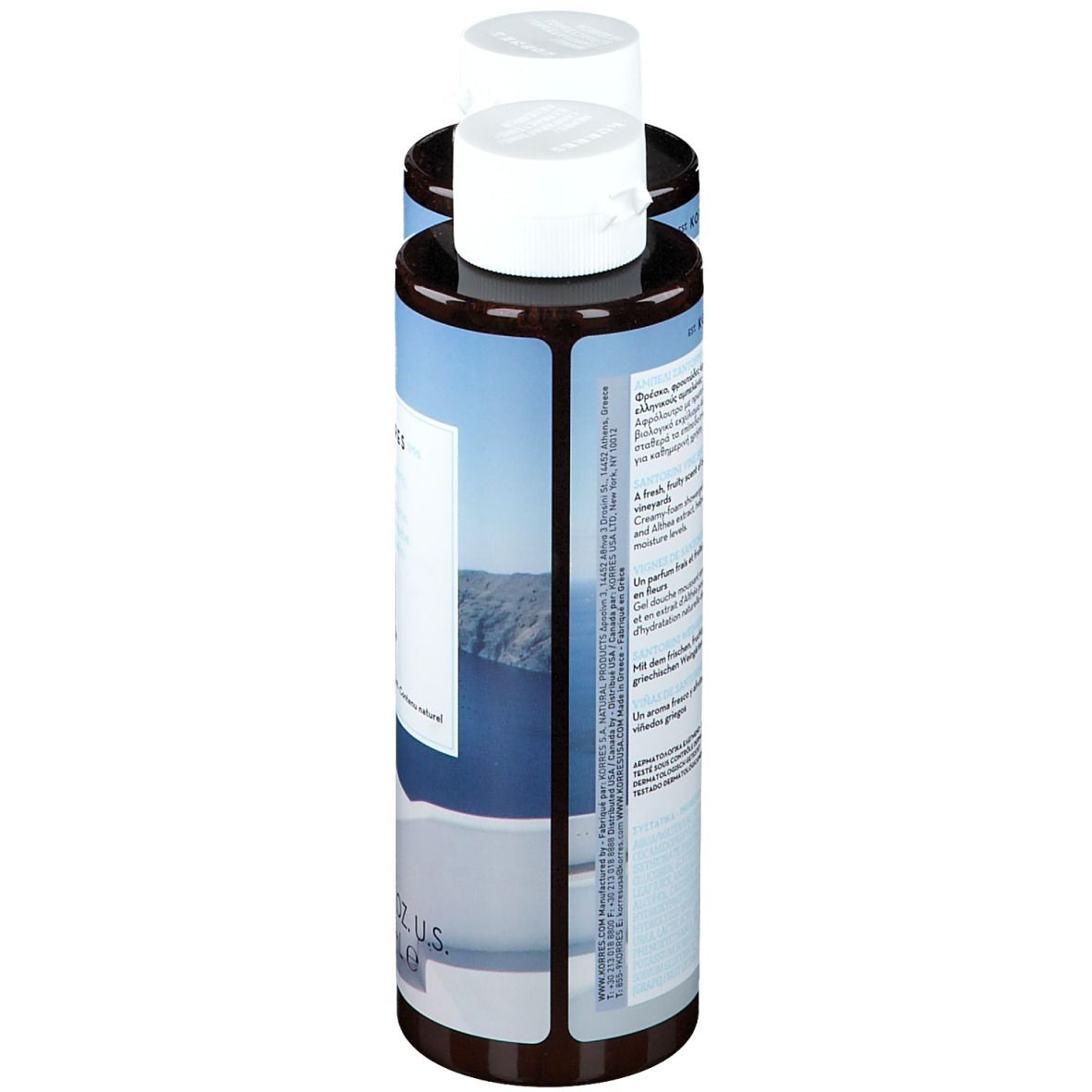 Deux flacons de gel douche, vue latérale. Bouchons blancs, corps marron, étiquettes bleues.