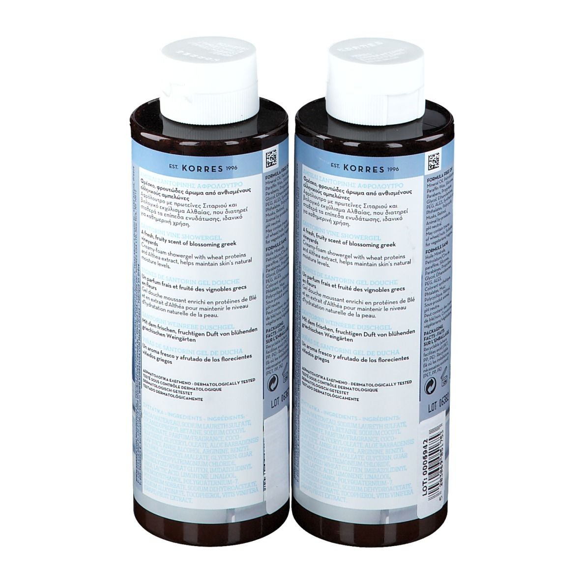 Deux flacons de gel douche, vue arrière. Texte sur les étiquettes, bouchons blancs, corps marron.