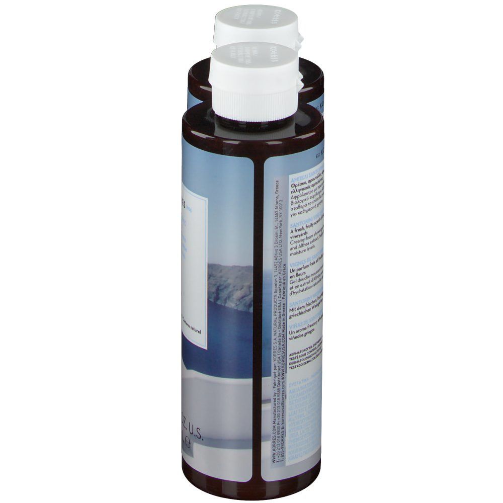 Deux flacons de gel douche, vue latérale. Bouchons blancs, corps marron, étiquettes bleues.