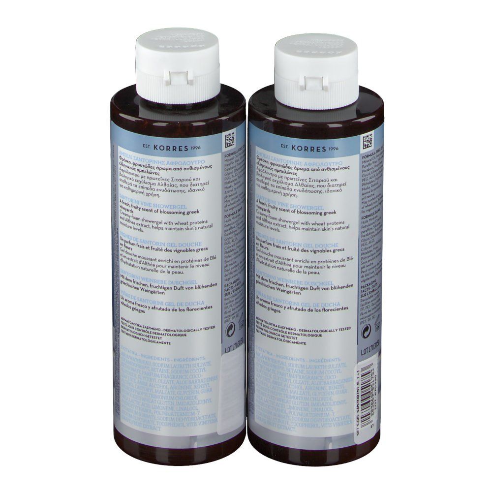 Deux flacons de gel douche, vue arrière. Texte sur les étiquettes, bouchons blancs, corps marron.