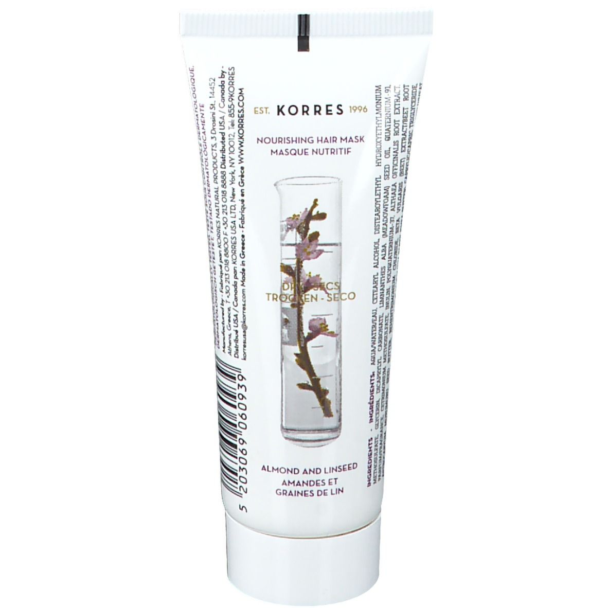 Weiße Tube mit Produkttext und Illustration einer Mandelblüte. Marke KORRES® sichtbar.